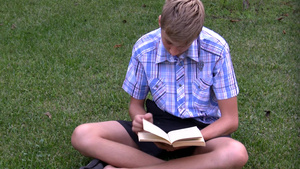 草地上看书的男孩13秒视频