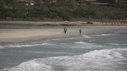 两位海滩边散步的人视频