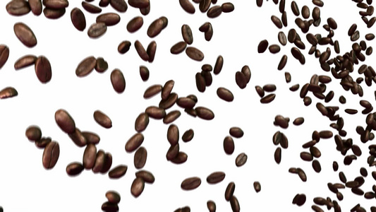 咖啡豆在白色背景下缓慢地运动下来视频