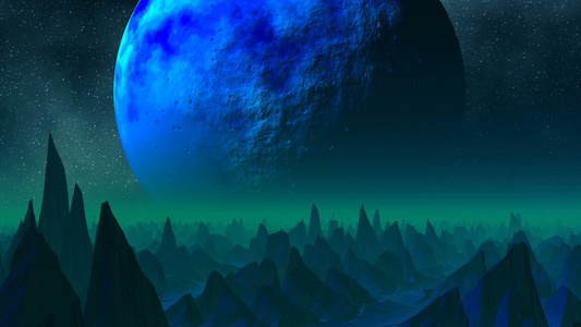 群山的黑色山峰。 绿色的雾。 在星空中，巨大的蓝色行星旋转。[类地行星]视频