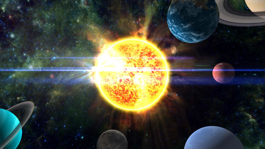 围绕着太阳系的所有行星散落在燃烧的太阳周围视频