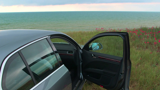 阴天停在海边的汽车视频