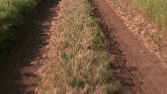 汽车在土路上穿过田野行驶视频