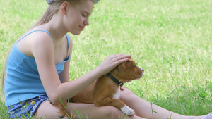 女孩和小狗坐在绿色的草坪上18秒视频