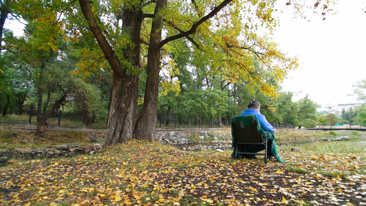 一位老妇人坐在秋天公园的椅子上视频