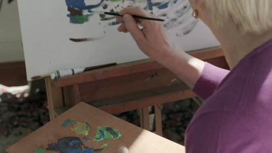 老妇人在调色板上调色并在画布上画画[修片]视频