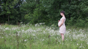 绿草地上丈夫为怀孕的妻子采摘鲜花16秒视频