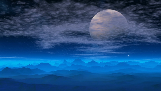 唯美蓝色月夜3D山川风光视频