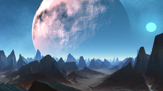 巨大行星旋转的星空下移动的山峰和慢慢升起的明月视频