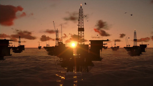 日落时分海上的石油钻机20秒视频