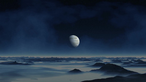 在黑暗太空深处行星飞过覆盖着白色光雾的连绵山丘的景观12秒视频
