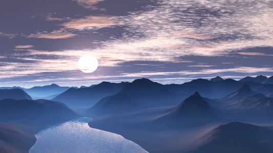 日落时笼罩在蓝色薄雾中的低矮山脉和小山[罩住]视频