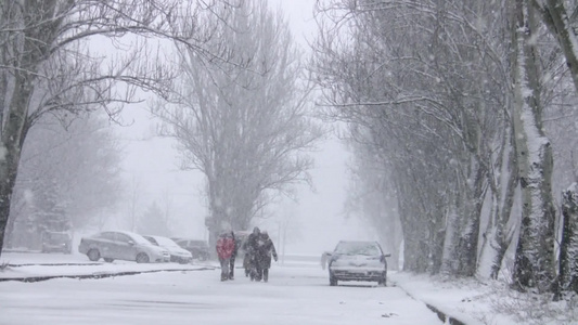 暴雪天气中行走的人视频