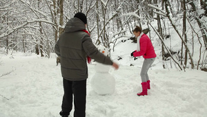 夫妇在冬天的雪林里堆雪人14秒视频