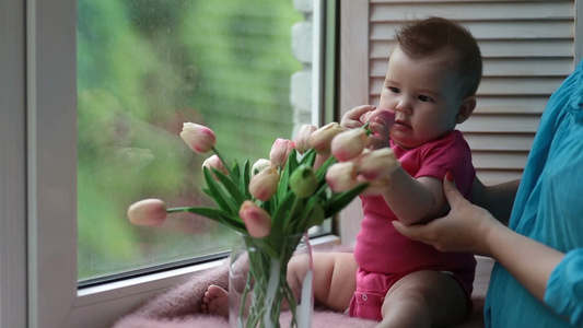 可爱的婴儿坐在窗台上玩郁金香花视频