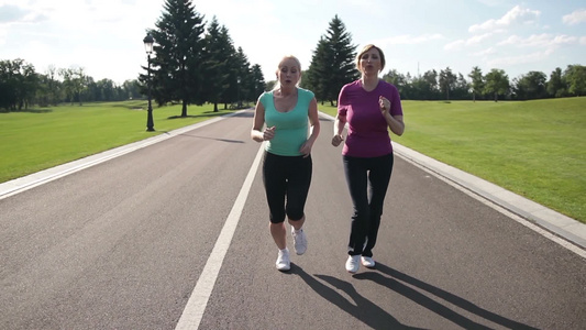 公园的道路上慢跑的两位女士[两条道路]视频