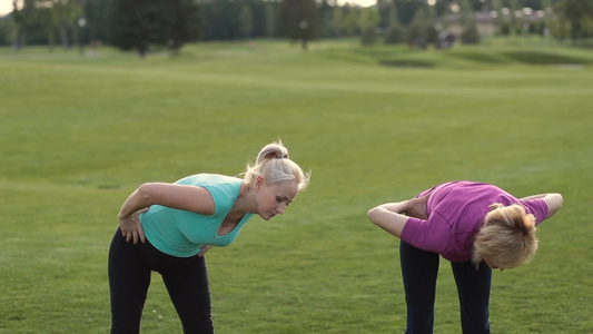 两位女士在公园草坪上做伸展运动视频