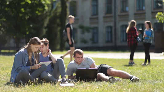 大学生坐在大学校园的绿草地上在户外学习时使用笔记本电脑视频