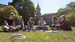 一群快乐的大学生在校园草坪上互相交流和分享想法10秒视频