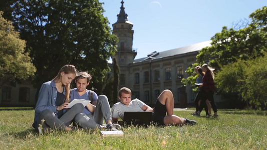 三个大学生在校园草坪上使用笔记本电脑学习视频