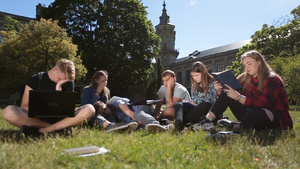 大学生坐在大学大楼外的绿草地上学习11秒视频