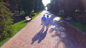 夏季公园里一对老年夫妇牵手在户外散步29秒视频