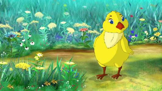 一只可爱的黄鸡站在花田上环顾四周动画运动图形视频