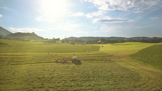 在奥地利的山区拖拉机在田野上收集干草[搜罗]视频