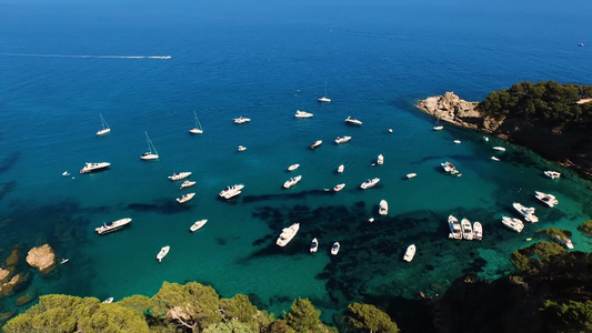 停在西班牙加泰罗尼亚海岸附近的野生港口帆船和游艇的鸟瞰图视频