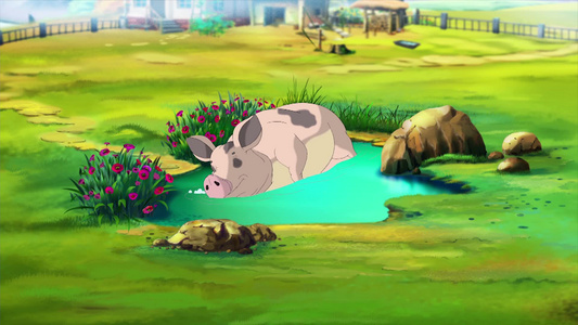 粉红色的猪妈妈和小猪在夏天靠近水坑手工动画循环运动图形视频