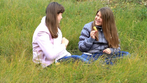 两个朋友在草坪上收集秋叶11秒视频