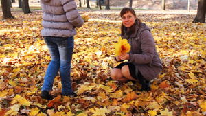 漂亮的女人在美丽的秋天城市公园收集黄叶20秒视频