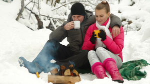 一对年轻夫妇在雪林的篝火旁享受24秒视频