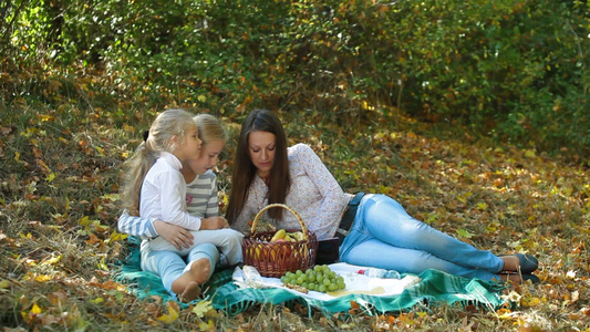 母亲和两个孩子在秋天的公园野餐和看书视频