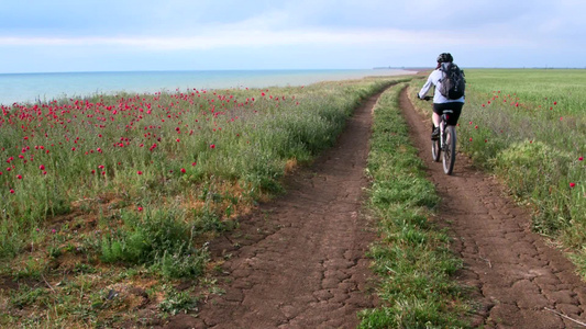 沿着海滨一条土路骑自行车的人视频