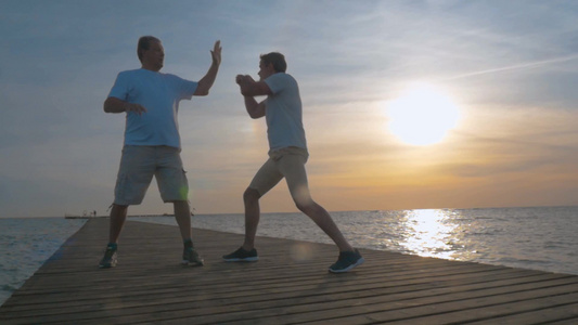 日落时分年轻男人和他的父亲在码头上进行拳击锻炼视频
