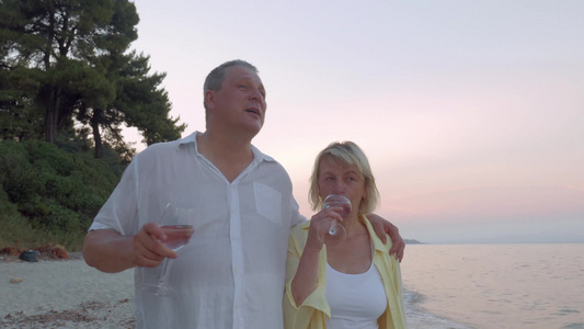 一对老年夫妇在海边散步喝水视频