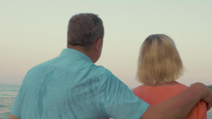 傍晚老年夫妇海滩上休闲散步背影55秒视频