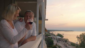 老年夫妇在酒店阳台上喝葡萄酒18秒视频