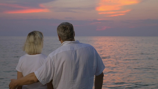 幸福夫妇在海边看日落慢镜头视频