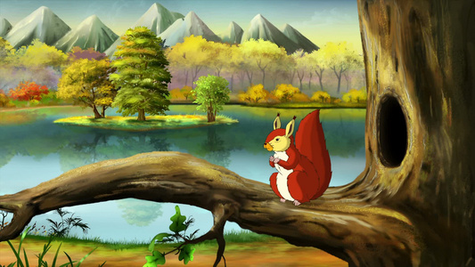 可爱的红松鼠坐在森林的树枝上吃坚果动画视频