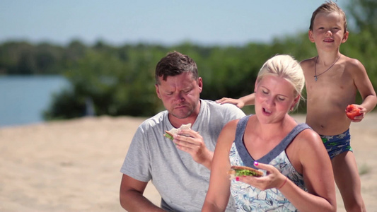 海边野餐的一家人视频