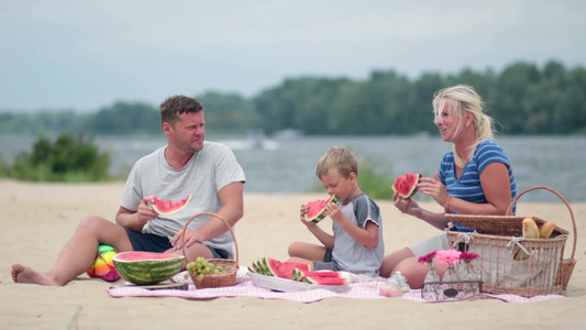 一家人在海滩边野餐[野餐盒]视频