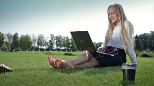 女商人在公园的绿草地上用笔记本电脑视频