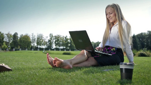 女商人在公园的绿草地上用笔记本电脑17秒视频