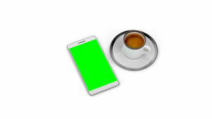 浓缩咖啡和智能手机在白色背景顶部视图16秒视频