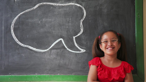 黑板上画着卡通对话框图案戴着眼镜穿着红色裙子的小学生站在黑板前11秒视频
