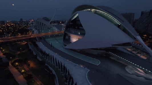 西班牙巴伦西亚艺术和科学城的空中夜景视频