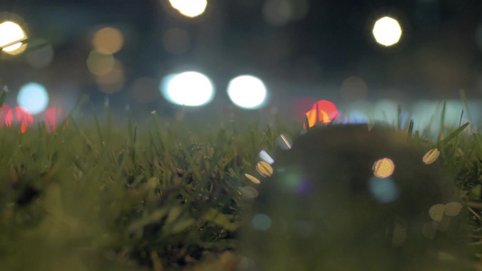 绿草上的玻璃球旁拍摄城市的夜间交通[受冷]视频