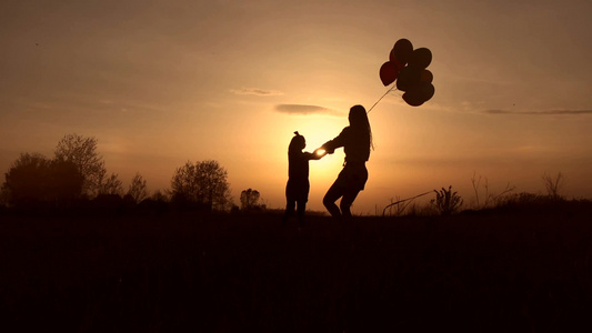 日落时分在田野里玩得很开心的母亲和她可爱的女儿视频